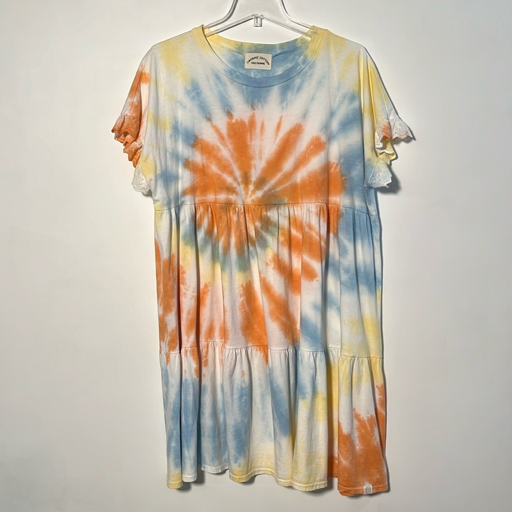 CES FEMME ORGANIC COTTON Boho Beach Tie Dye Tiered Baby Doll Eyelet SLV Dress M - Picture 3 of 15
